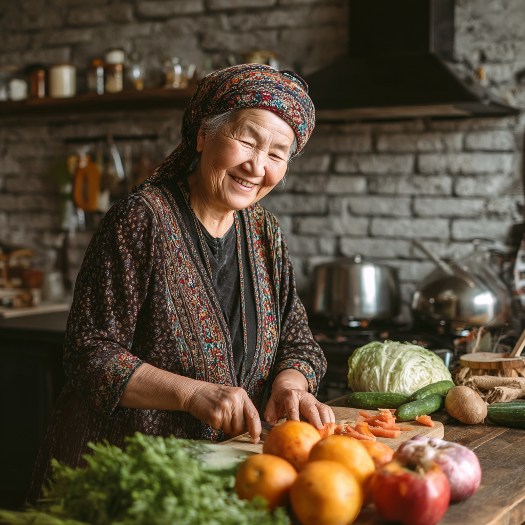 Улыбающаяся пожилая европейская женщина готовит здоровую еду на современной кухне, окруженная свежими овощами и фруктами