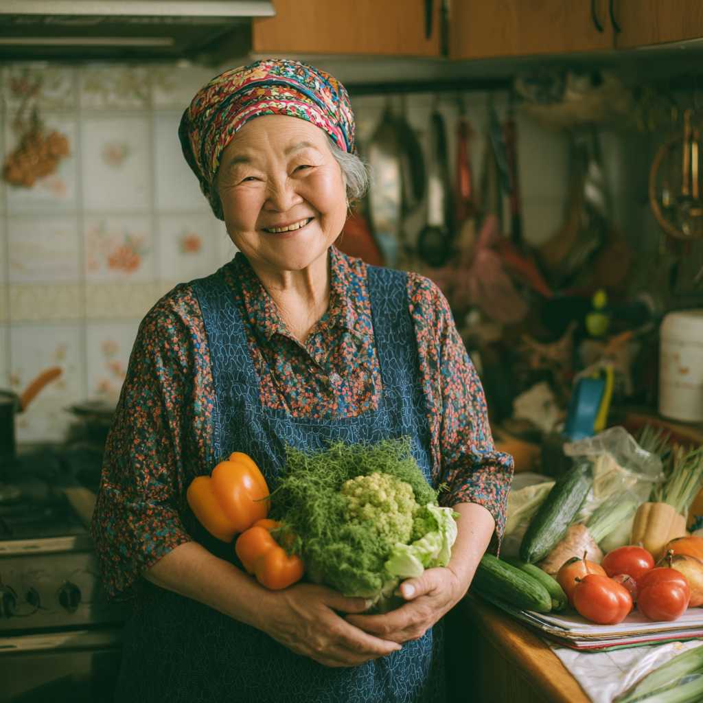 Улыбающийся пожилой европейский мужчина медитирует за столом перед здоровым завтраком, демонстрируя осознанный подход к питанию